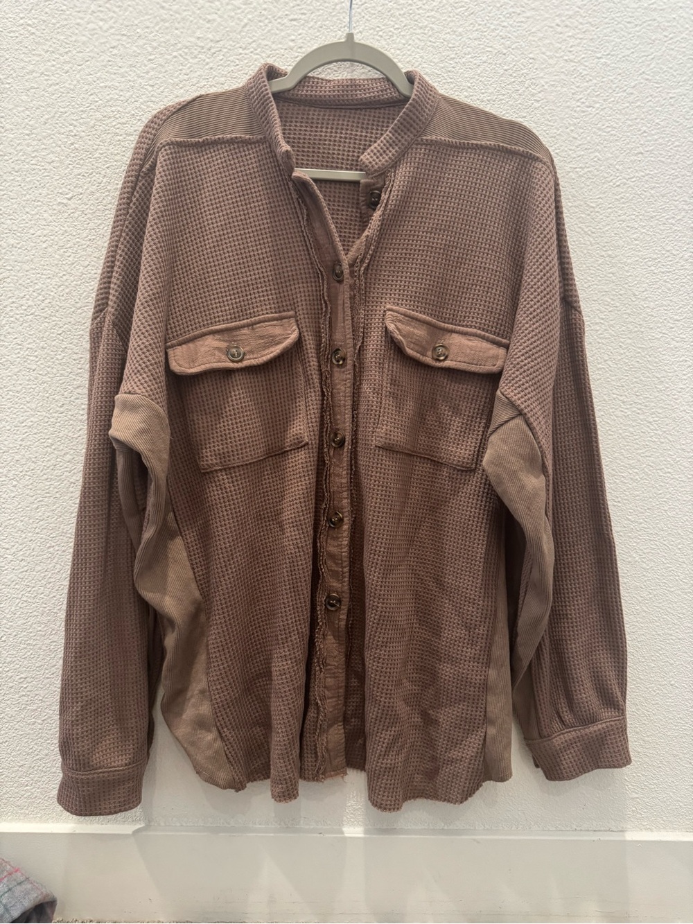 Brown oversized waffle-knit button-up, textured shacket w/ front flap pockets